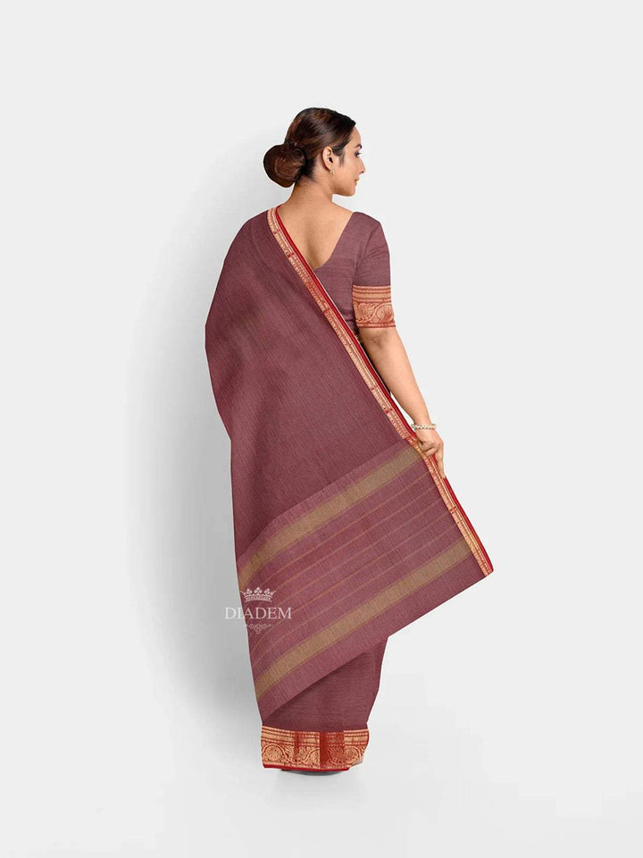 Purple Kanchi Cotton Saree with plain body and Contrast Zari Border - Diadem