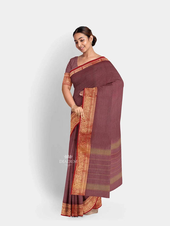 Purple Kanchi Cotton Saree with plain body and Contrast Zari Border - Diadem