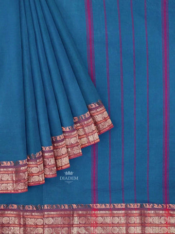 Peacock Blue Kanchi Cotton Saree with Plain Thread Butta on the body and Zari Border - Diadem