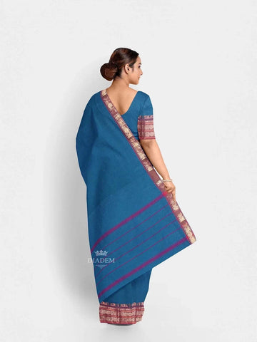 Peacock Blue Kanchi Cotton Saree with Plain Thread Butta on the body and Zari Border - Diadem