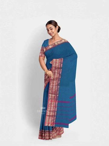 Peacock Blue Kanchi Cotton Saree with Plain Thread Butta on the body and Zari Border - Diadem