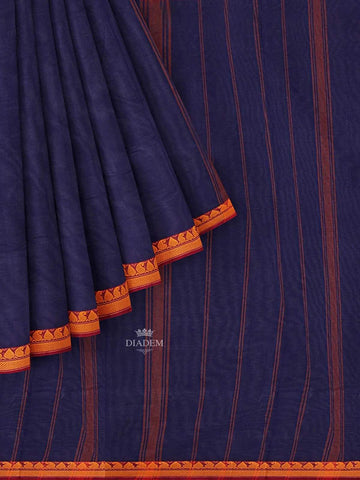 Navy Blue Kanchi Cotton Saree with Stripes on the Body and Thread Border - Diadem