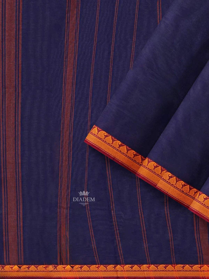 Navy Blue Kanchi Cotton Saree with Stripes on the Body and Thread Border - Diadem