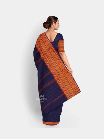 Navy Blue Kanchi Cotton Saree with Stripes on the Body and Thread Border - Diadem