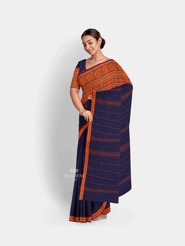 Navy Blue Kanchi Cotton Saree with Stripes on the Body and Thread Border - Diadem