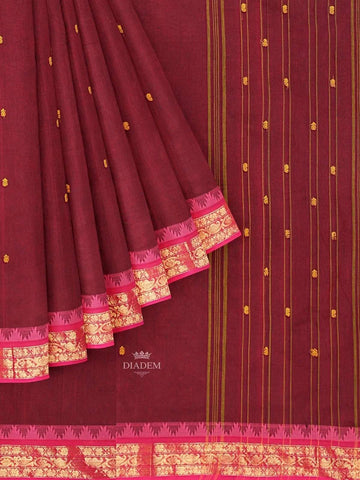 Maroon Kanchi Cotton Saree with Thread Butta on the body and Zari Border - Diadem