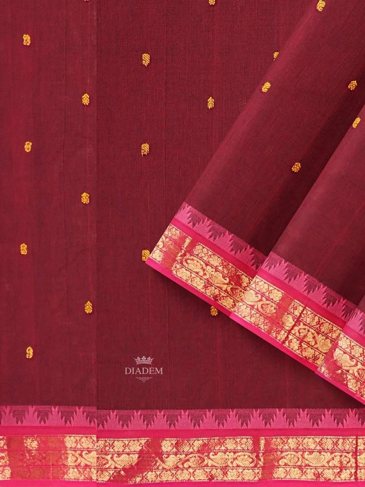 Maroon Kanchi Cotton Saree with Thread Butta on the body and Zari Border - Diadem