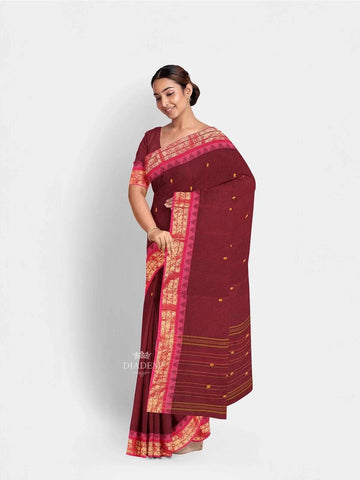 Maroon Kanchi Cotton Saree with Thread Butta on the body and Zari Border - Diadem