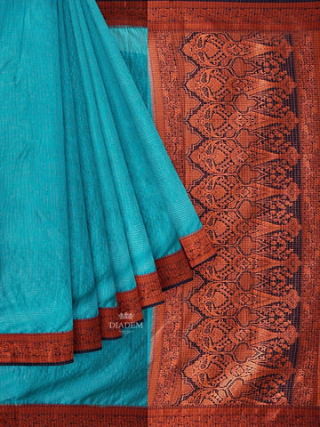 Blue Semi Silk Saree with Checked Design on the body and Contrast Zari Border - Diadem