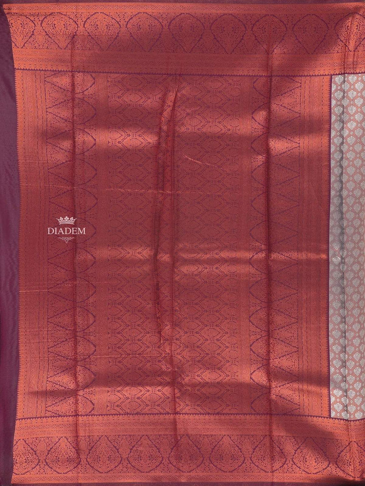 Grey Art Silk Saree with Leaf Grid Design on the Body with Contrast Border - Diadem