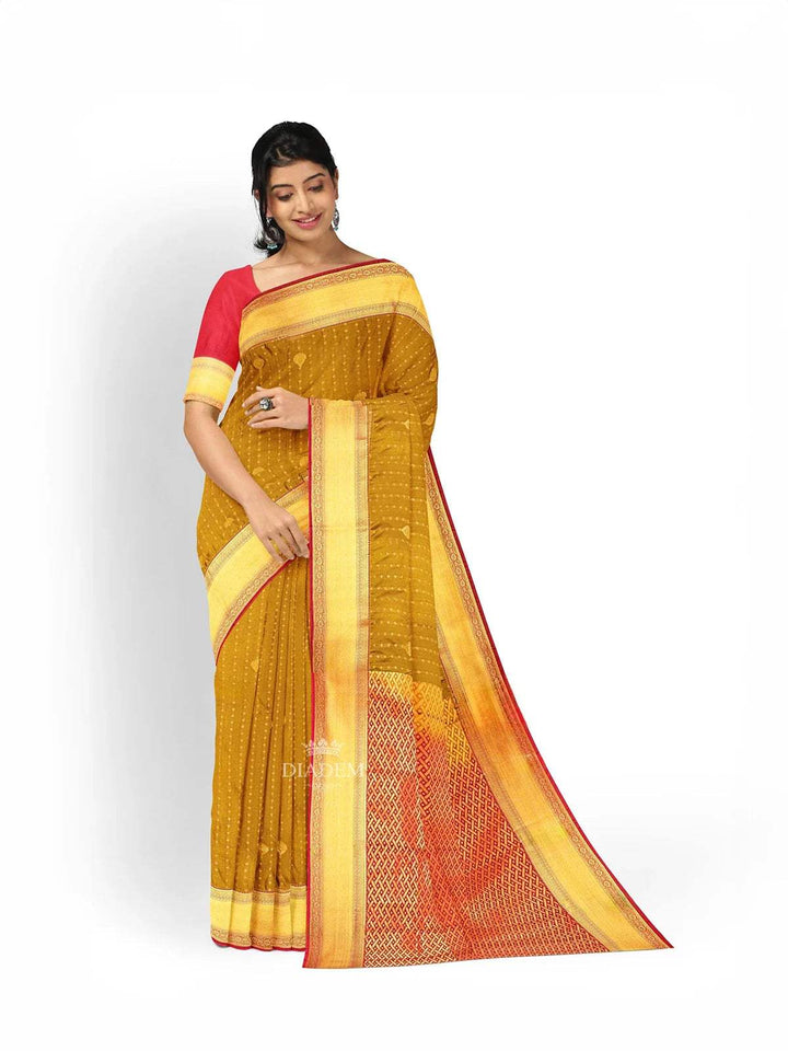 Mustard Art Silk Saree with Zari Butta on the body and Contrast Zari Border - Diadem