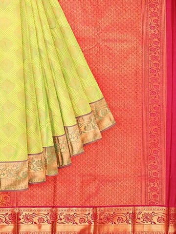 Parrot Green Art Silk Saree With Zari Butta on the Body and Contrast Zari Border - Diadem