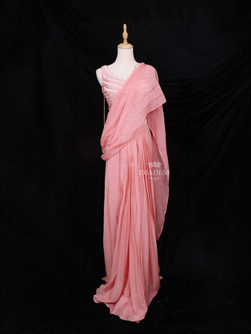 Pink Crushed Georgette Saree with Doted Floral Design paired with Matching Blouse - Diadem