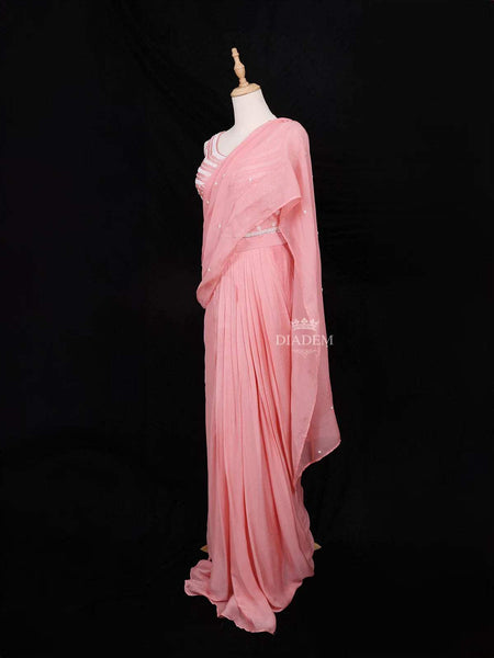 Pink Crushed Georgette Saree with Doted Floral Design paired with Matching Blouse - Diadem