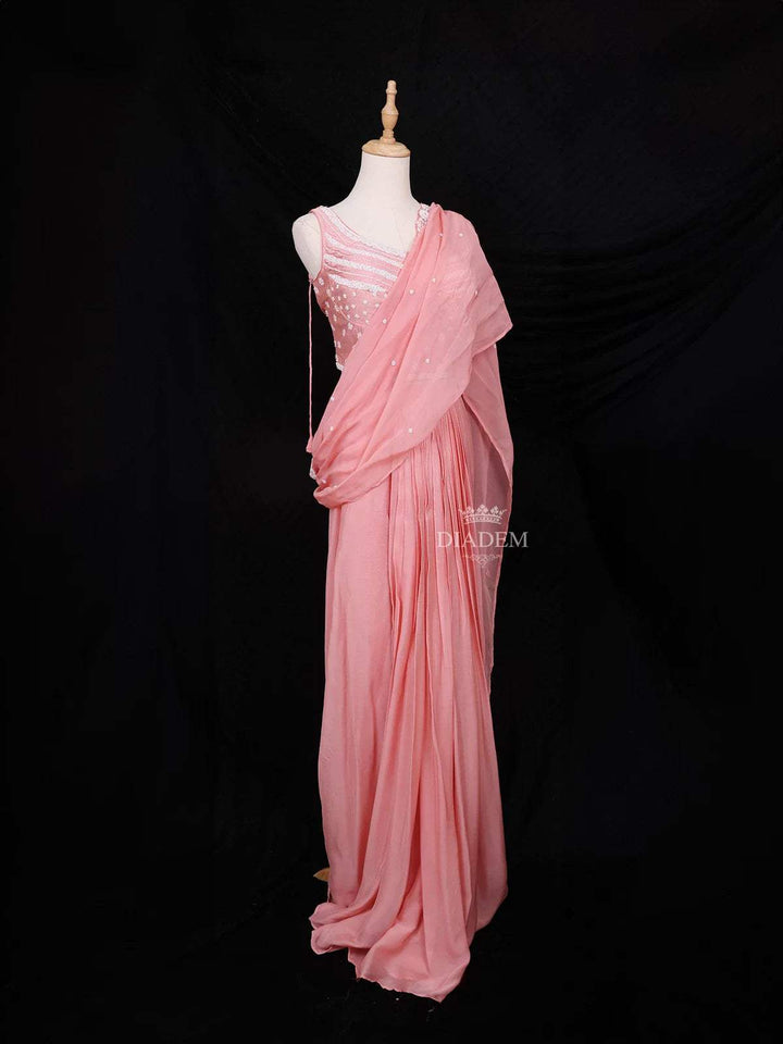 Pink Crushed Georgette Saree with Doted Floral Design paired with Matching Blouse - Diadem