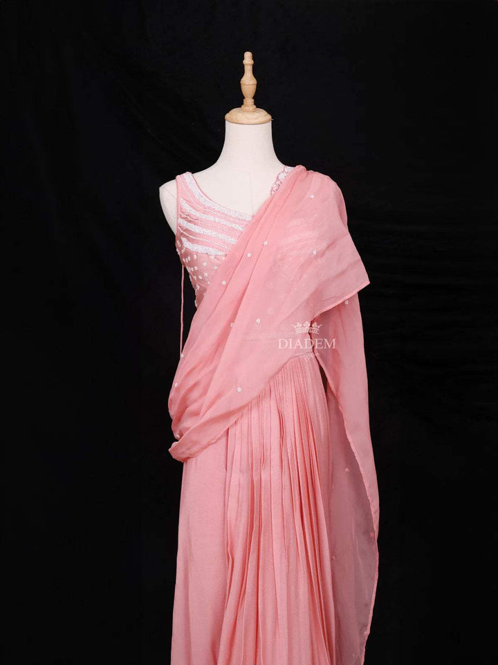 Pink Crushed Georgette Saree with Doted Floral Design paired with Matching Blouse - Diadem