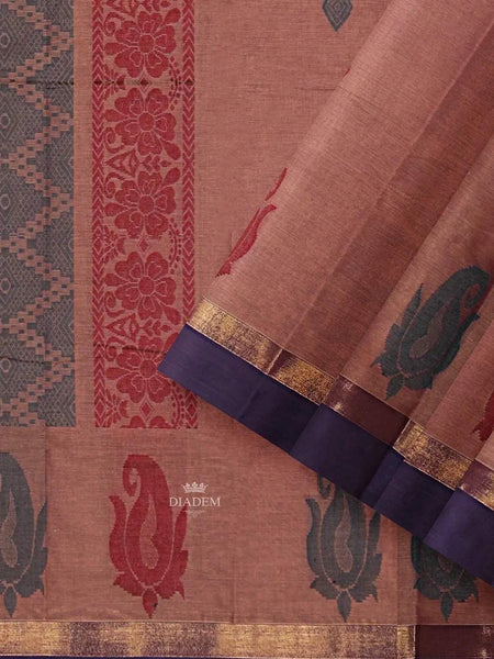 Light Brown Kanchi Cotton Saree with Thread Butta on the Body and Thread with Zari Border - Diadem