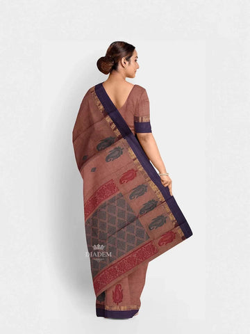 Light Brown Kanchi Cotton Saree with Thread Butta on the Body and Thread with Zari Border - Diadem