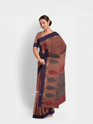 Light Brown Kanchi Cotton Saree with Thread Butta on the Body and Thread with Zari Border - Diadem