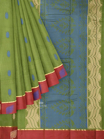 Parrot Green Kanchi Cotton Saree with Thread Butta on the Body and Thread with Zari Border - Diadem