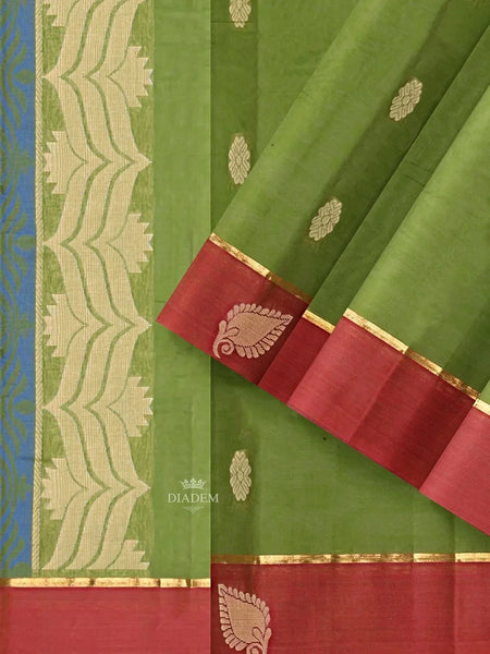 Parrot Green Kanchi Cotton Saree with Thread Butta on the Body and Thread with Zari Border - Diadem