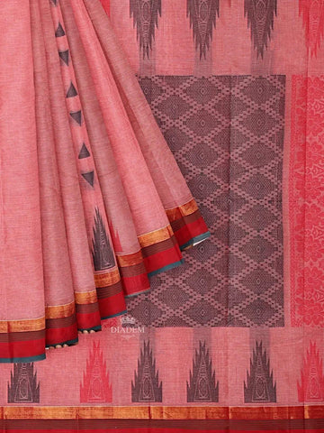 Pink Kanchi Cotton Saree with Thread Butta on the Body and Contrast Temple Zari Border - Diadem