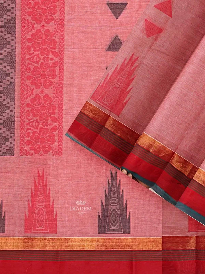 Pink Kanchi Cotton Saree with Thread Butta on the Body and Contrast Temple Zari Border - Diadem