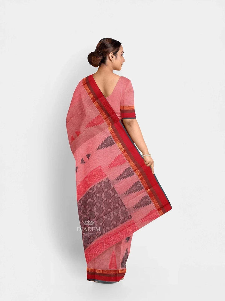 Pink Kanchi Cotton Saree with Thread Butta on the Body and Contrast Temple Zari Border - Diadem