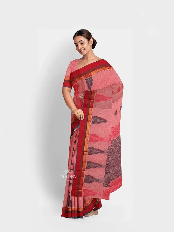 Pink Kanchi Cotton Saree with Thread Butta on the Body and Contrast Temple Zari Border - Diadem