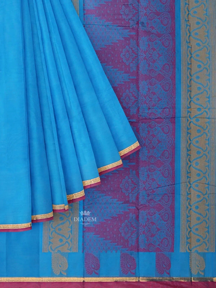 Blue Kanchi Cotton Saree with Thread Butta on the Body and Thread with Zari Border - Diadem