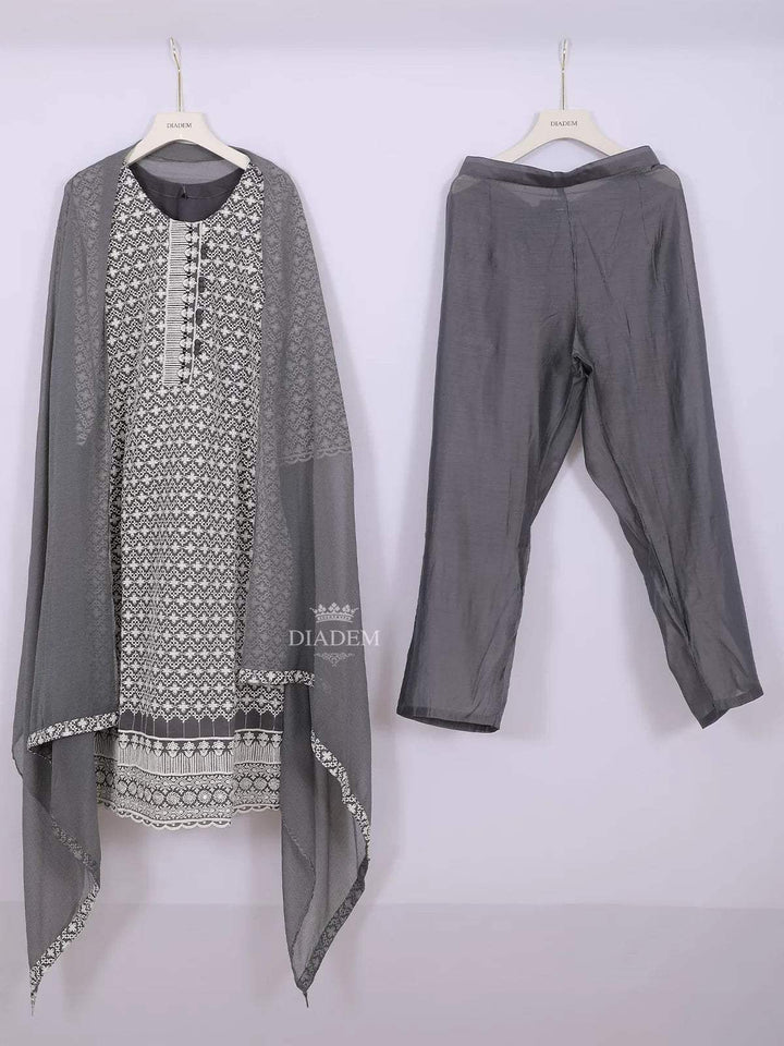 Dark Grey Cotton Straight Cut Salwar Suit for Women Adorned with Floral Threadwork Embroidery, paired with Dupatta - Diadem