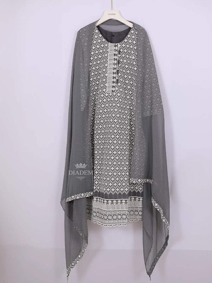 Dark Grey Cotton Straight Cut Salwar Suit for Women Adorned with Floral Threadwork Embroidery, paired with Dupatta - Diadem