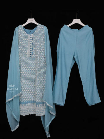 Blue Grey Cotton Straight Cut Salwar Suit for Women Adorned with Floral Threadwork Embroidery, paired with Dupatta - Diadem