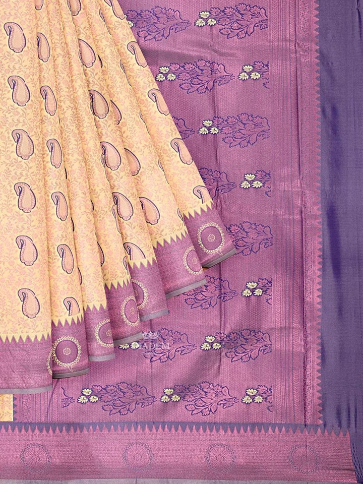 Sandal Art Silk Saree with Floral Motif on the Body and Contrast Border - Diadem