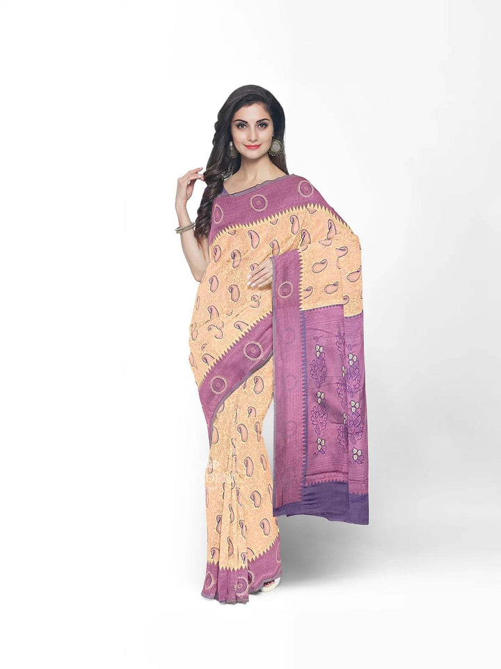 Sandal Art Silk Saree with Floral Motif on the Body and Contrast Border - Diadem