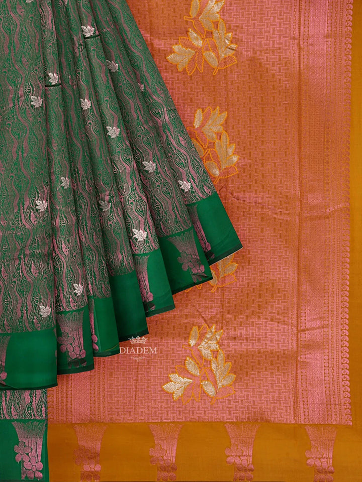 Green Art Silk Saree with Floral Motif on the Body and Contrast Zari Border - Diadem