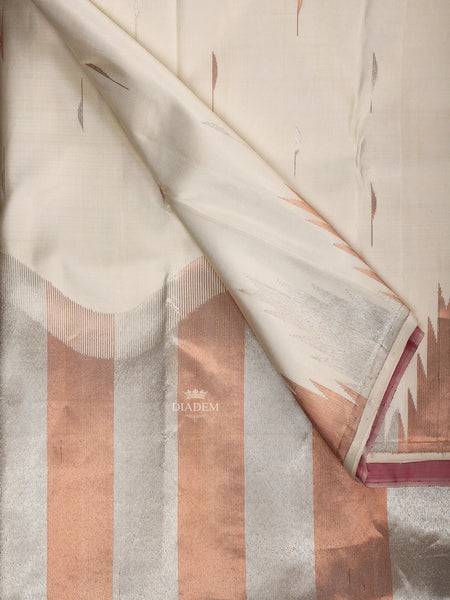 White Pure Kanchipuram Silk Saree with Malli Moggu Butta on the Body Temple Pattern Border - Diadem