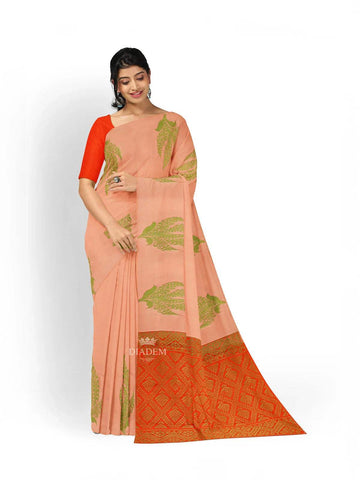 Peach Art Silk Saree with Floral Motif on the body and without Border - Diadem