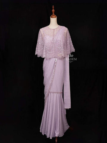 Lavender Chiffon Ready to Wear Saree with Plain Body Paired with Designer Blouse and Overcoat - Diadem