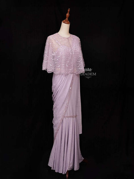 Lavender Chiffon Ready to Wear Saree with Plain Body Paired with Designer Blouse and Overcoat - Diadem