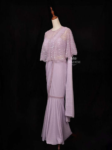 Lavender Chiffon Ready to Wear Saree with Plain Body Paired with Designer Blouse and Overcoat - Diadem