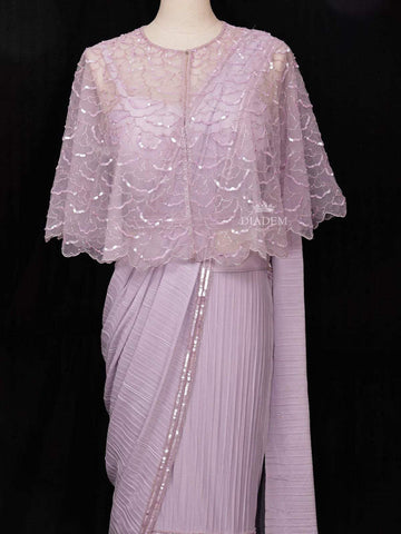 Lavender Chiffon Ready to Wear Saree with Plain Body Paired with Designer Blouse and Overcoat - Diadem