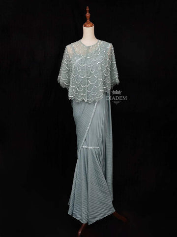 Mint Chiffon Ready to Wear Saree with Plain Body Paired with Designer Blouse and Overcoat - Diadem