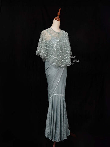 Mint Chiffon Ready to Wear Saree with Plain Body Paired with Designer Blouse and Overcoat - Diadem