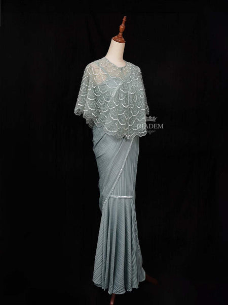 Mint Chiffon Ready to Wear Saree with Plain Body Paired with Designer Blouse and Overcoat - Diadem