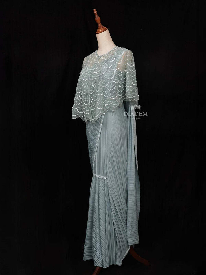 Mint Chiffon Ready to Wear Saree with Plain Body Paired with Designer Blouse and Overcoat - Diadem