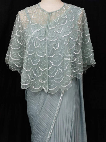 Mint Chiffon Ready to Wear Saree with Plain Body Paired with Designer Blouse and Overcoat - Diadem