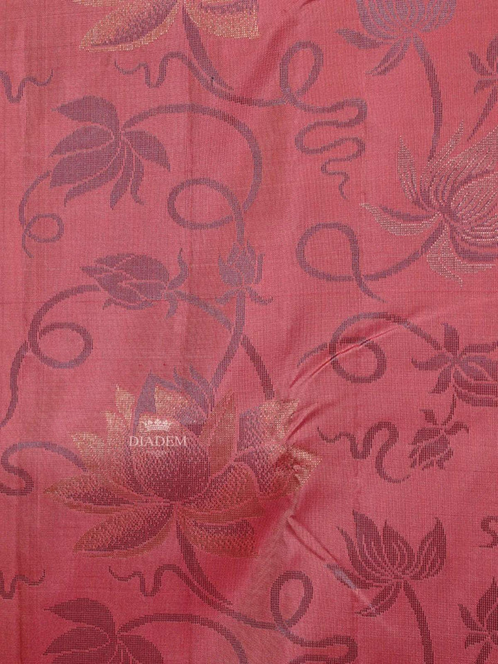 Onion Pink Soft Silk Saree with Flower and plant Design on the Body and without Border - Diadem