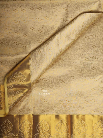 Beige Pure Kanchipuram Silk Saree with Floral Motif on the Body Designed Border - Diadem