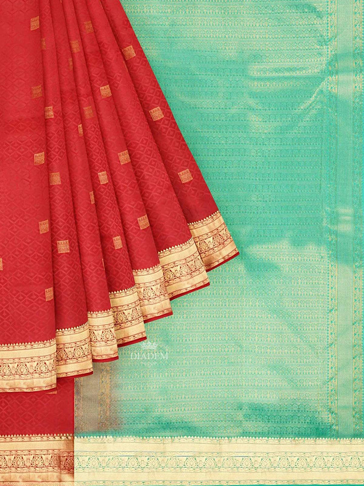 Red Silk Saree with Zari Butta on the Body and Contrast Zari Border - Diadem